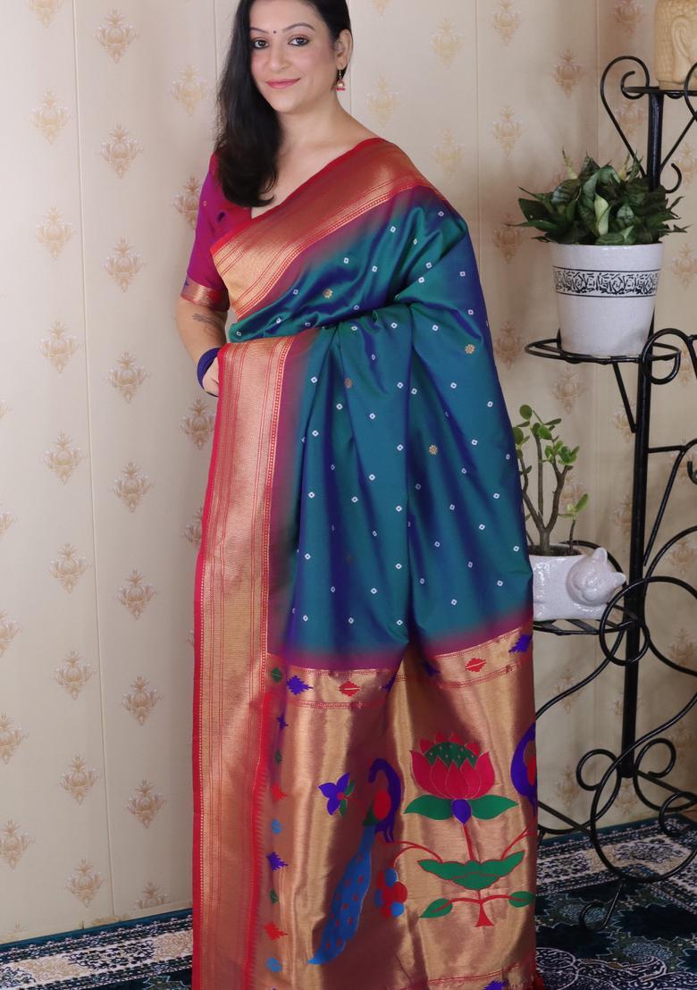 Teal Bandhej Silk Saree Set - Indya
