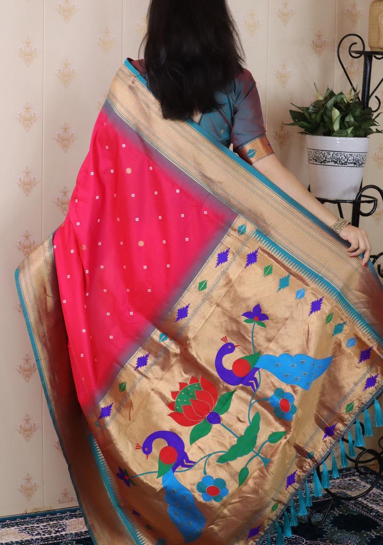 Pink Bandhej Silk Saree Set - Indya