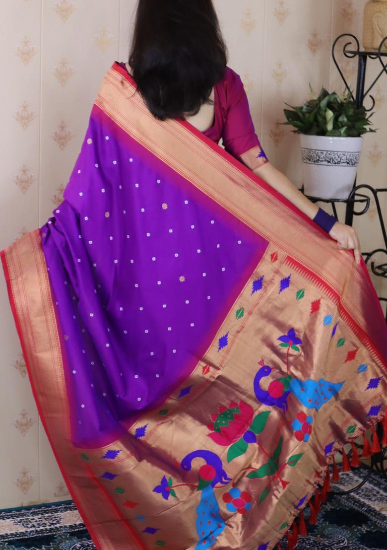 Purple Bandhej Silk Saree Set - Indya