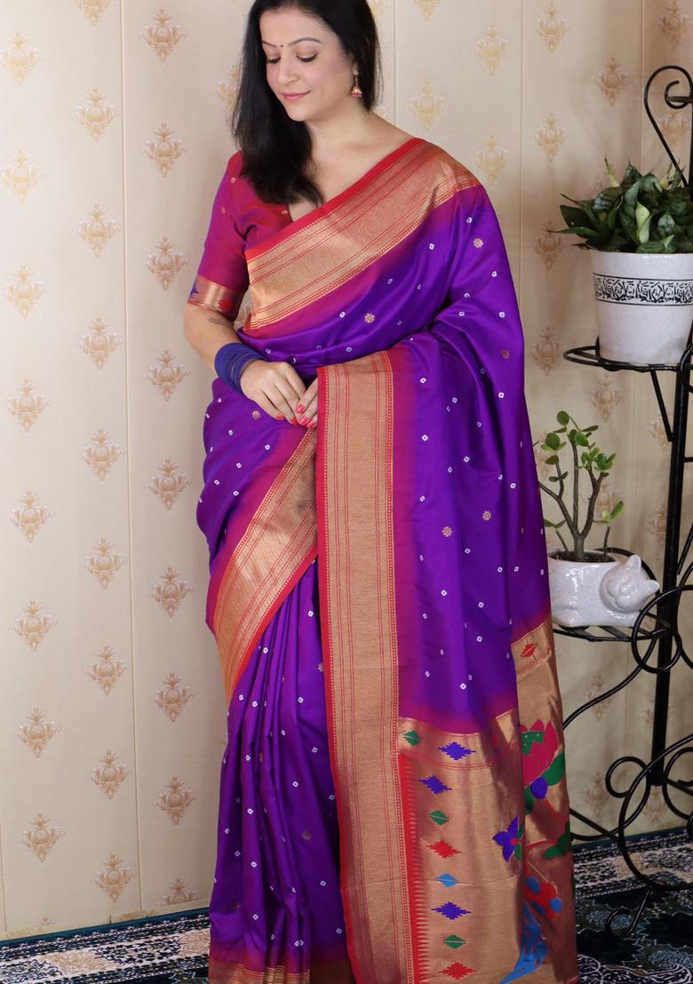 Purple Bandhej Silk Saree Set - Indya