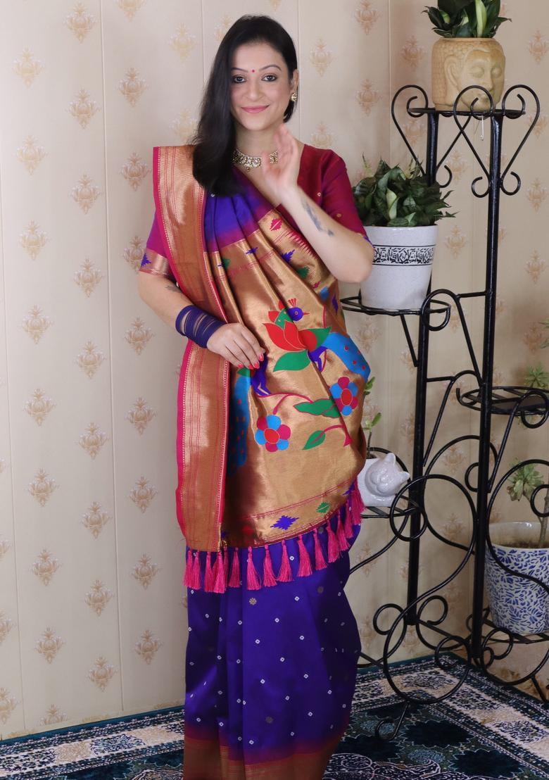 Violet Bandhej Silk Saree Set - Indya