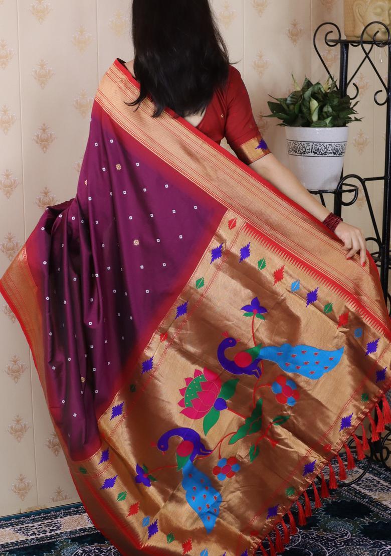 Wine Bandhej Silk Saree Set - Indya