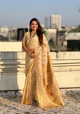 Cream Zari Work Silk Saree Set