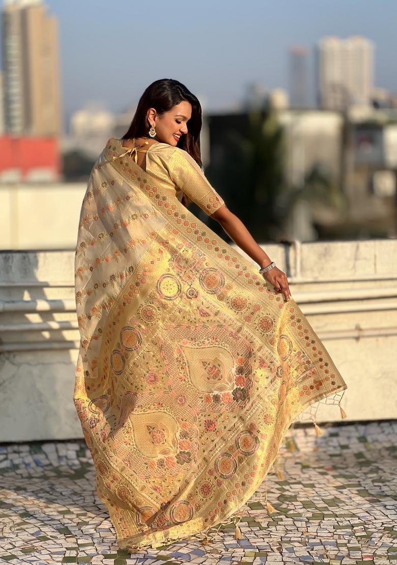 Cream Zari Work Silk Saree Set - Indya