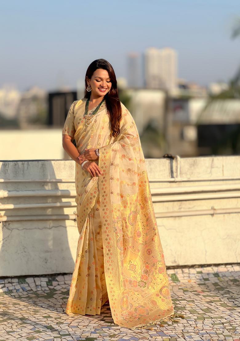 Cream Zari Work Silk Saree Set - Indya