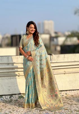 Sky Blue Zari Work Silk Saree Set
