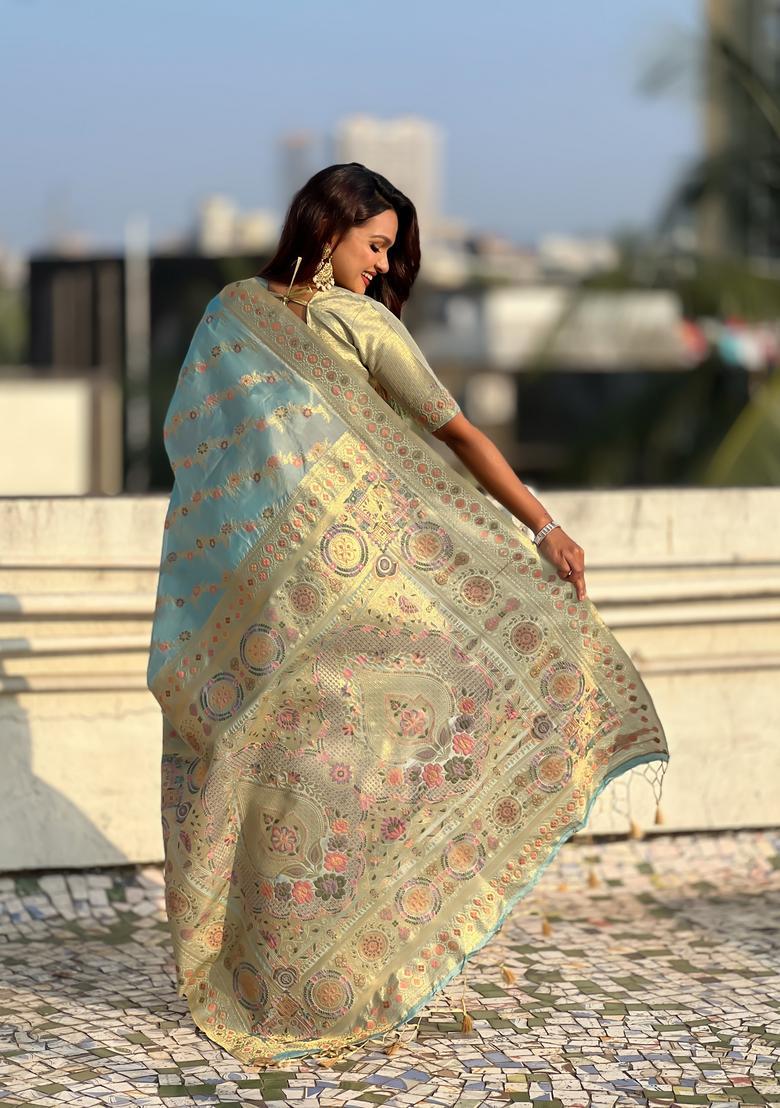 Sky Blue Zari Work Silk Saree Set - Indya