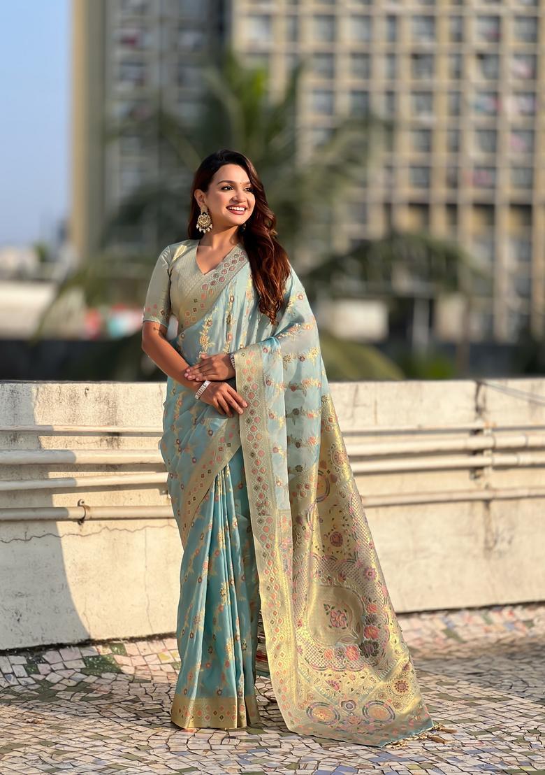 Sky Blue Zari Work Silk Saree Set - Indya