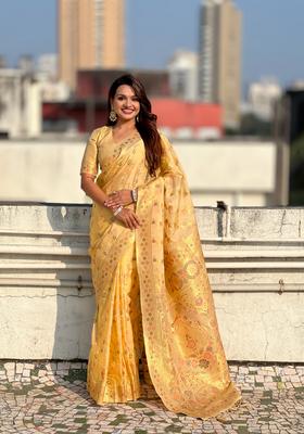 Yellow Zari Work Silk Saree Set