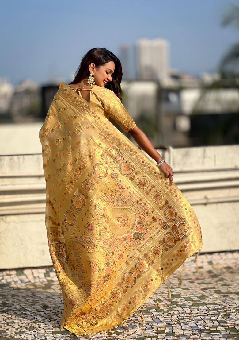 Yellow Zari Work Silk Saree Set - Indya