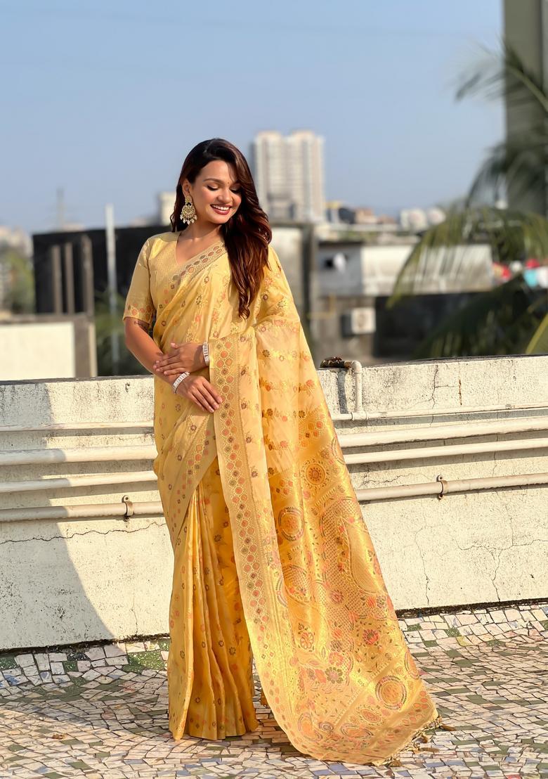 Yellow Zari Work Silk Saree Set - Indya
