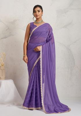 Purple Printed Georgette Saree Set