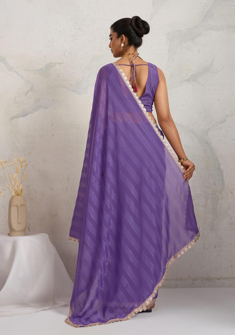 Purple Printed Georgette Saree Set - Indya