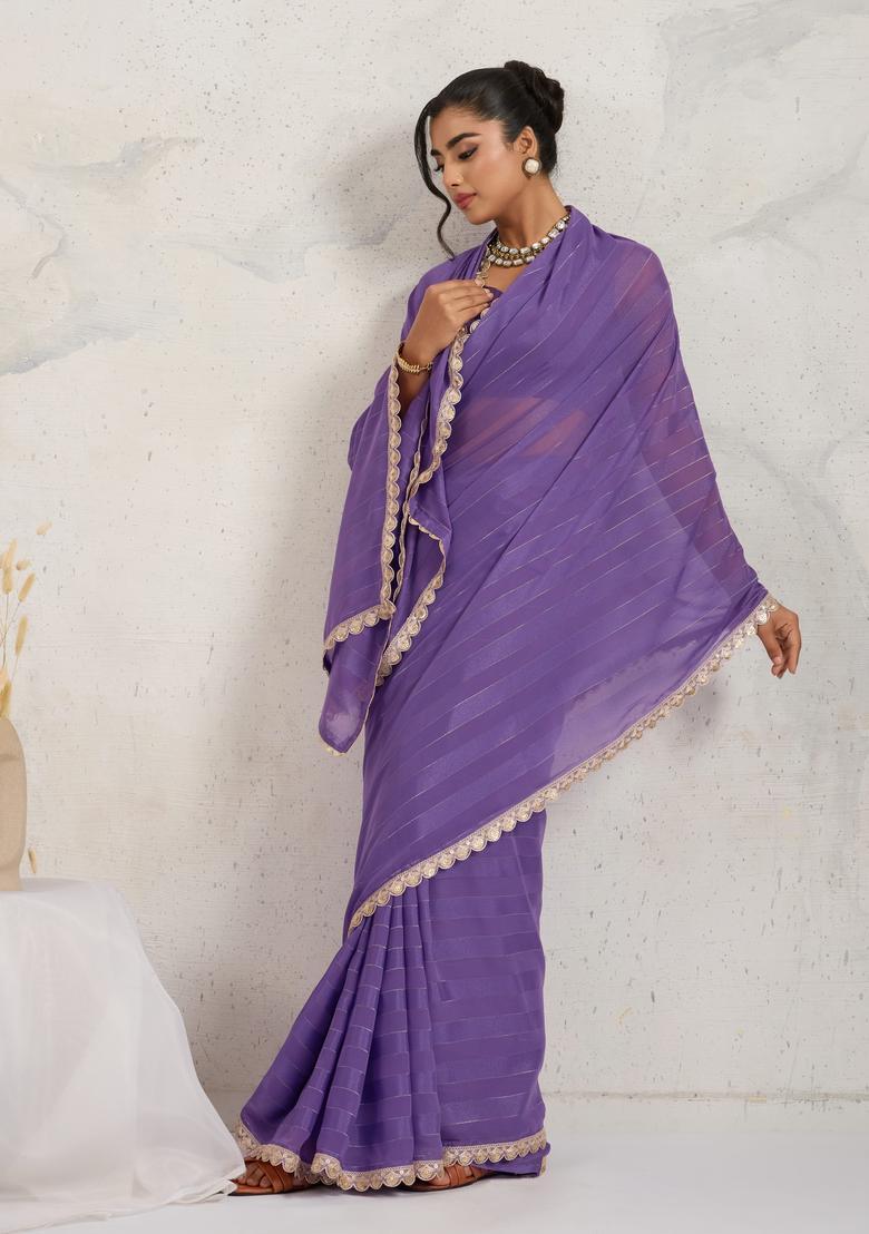 Purple Printed Georgette Saree Set - Indya