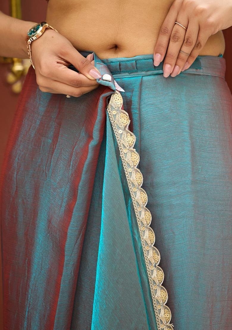 Blue Printed Chiffon Saree Set - Indya