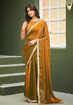 Golden Printed Chiffon Saree Set