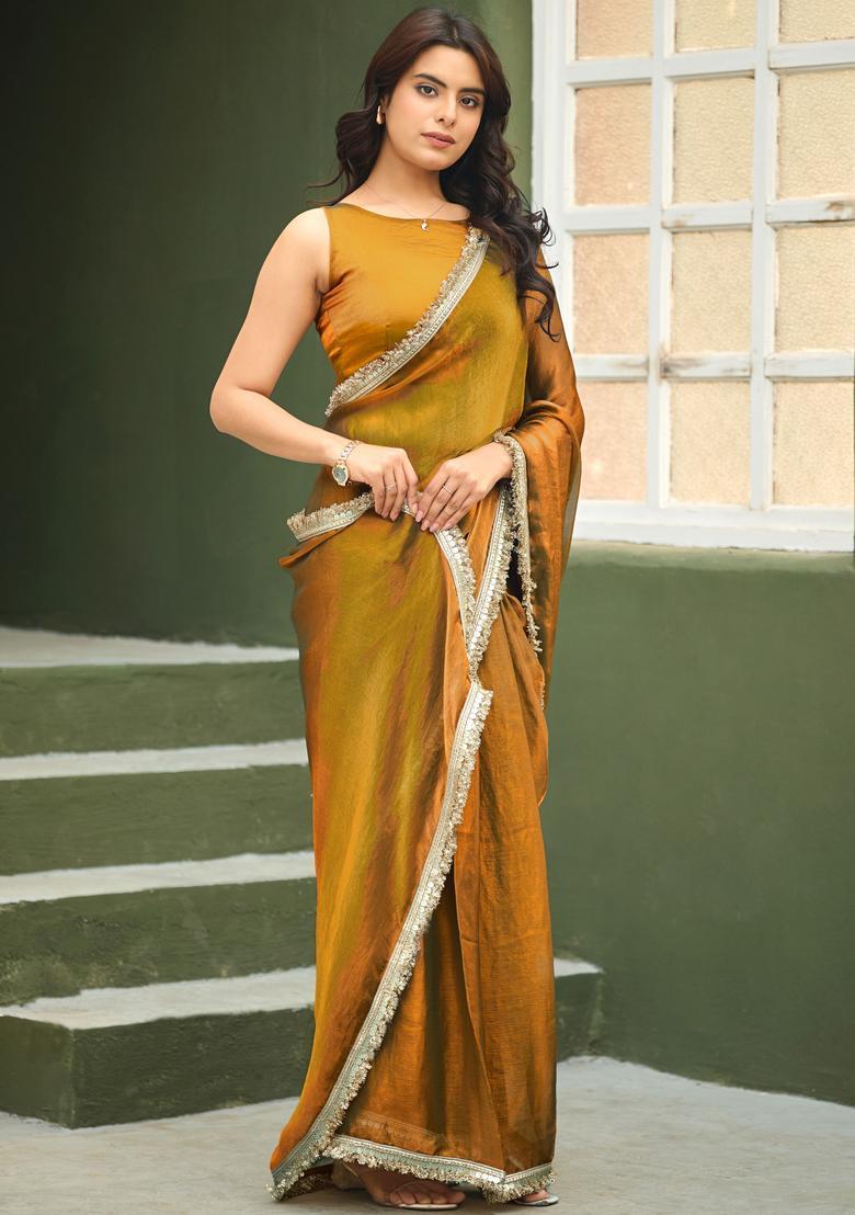 Golden Printed Chiffon Saree Set - Indya