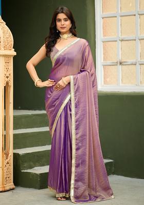 Purple Printed Georgette Saree Set