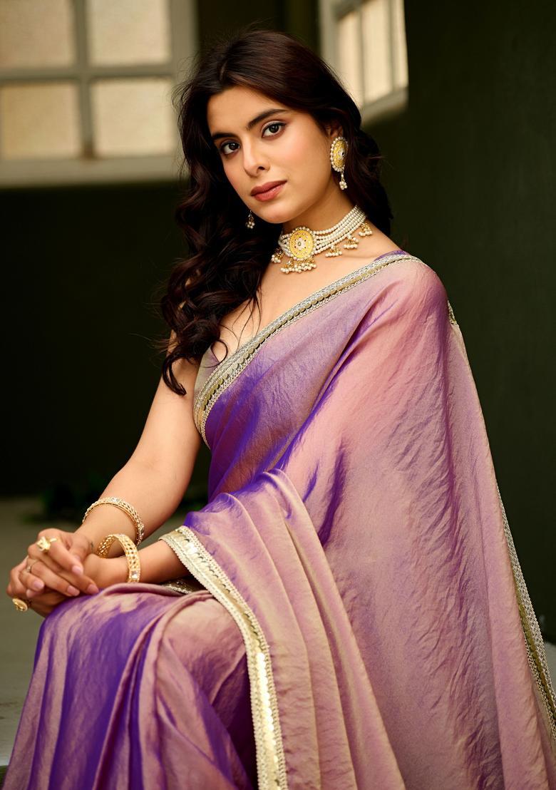 Purple Printed Georgette Saree Set - Indya