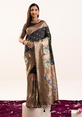 Black Zari Work Silk Saree Set