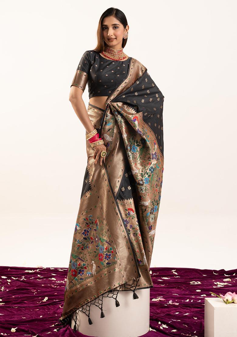 Black Zari Work Silk Saree Set - Indya