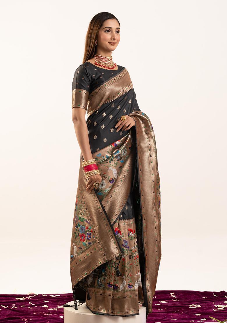 Black Zari Work Silk Saree Set - Indya