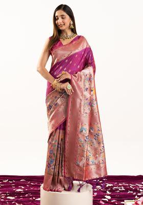 Magenta Zari Work Silk Saree Set