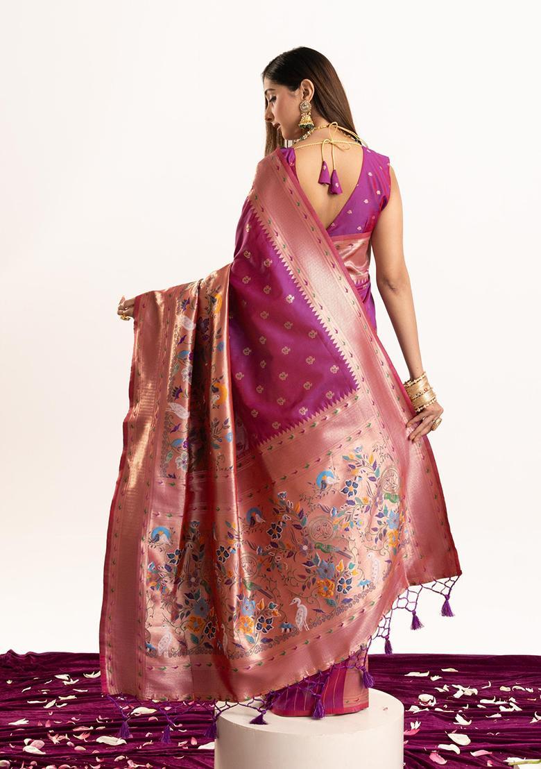 Magenta Zari Work Silk Saree Set - Indya