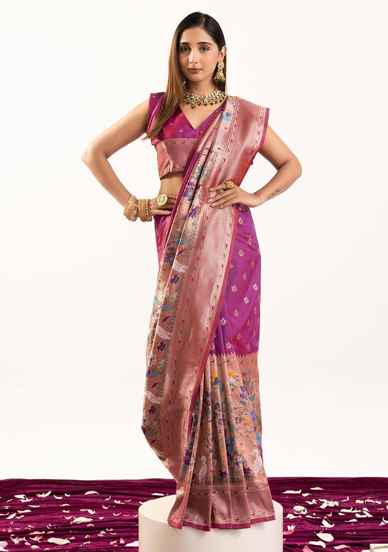 Magenta Zari Work Silk Saree Set - Indya
