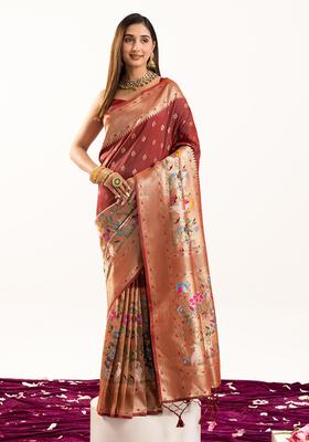 Maroon Zari Work Silk Saree Set