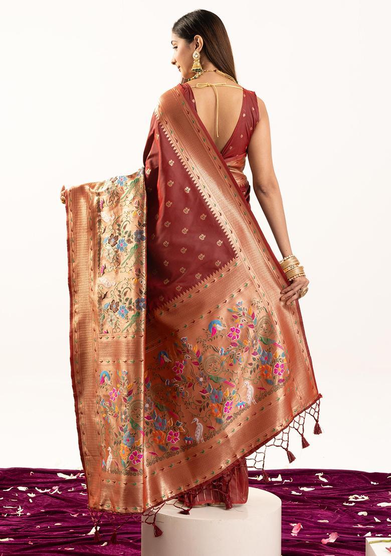 Maroon Zari Work Silk Saree Set - Indya