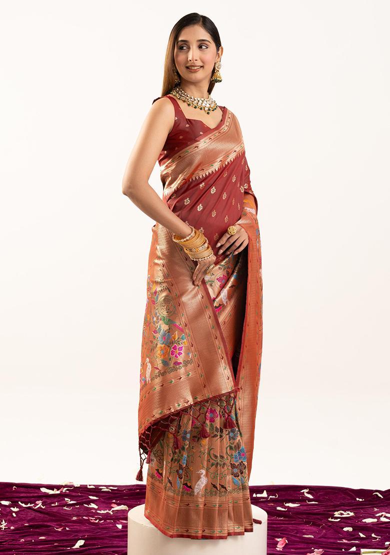 Maroon Zari Work Silk Saree Set - Indya