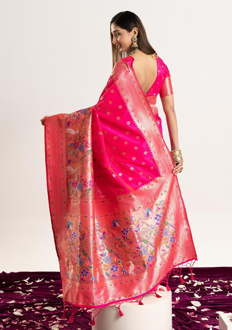 Pink Zari Work Silk Saree Set - Indya