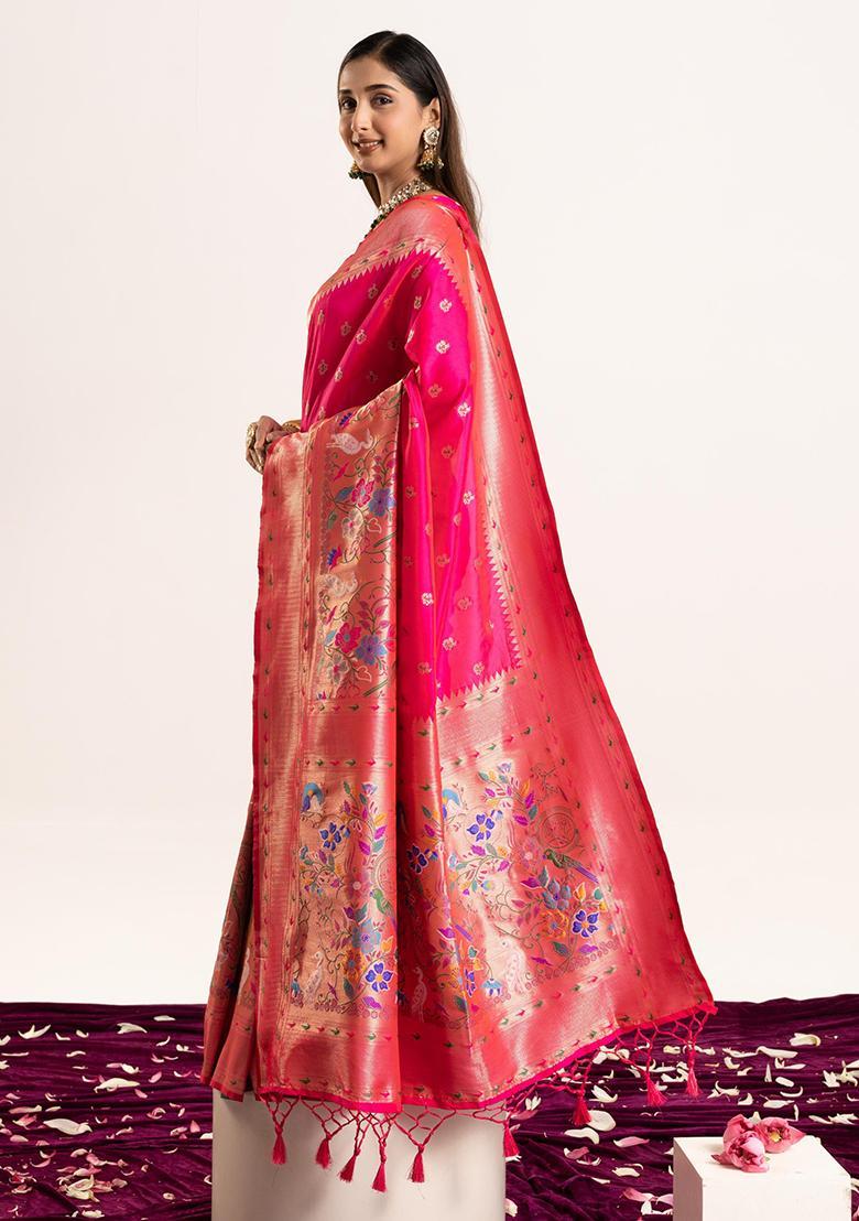 Pink Zari Work Silk Saree Set - Indya