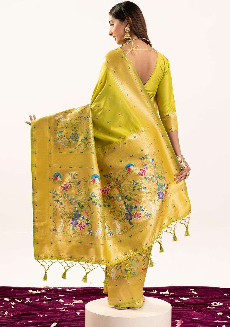 Green Zari Work Silk Saree Set - Indya