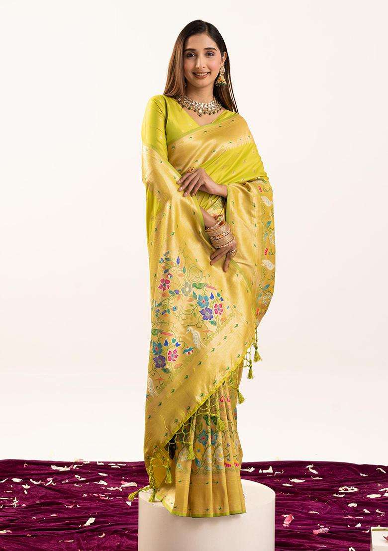 Green Zari Work Silk Saree Set - Indya