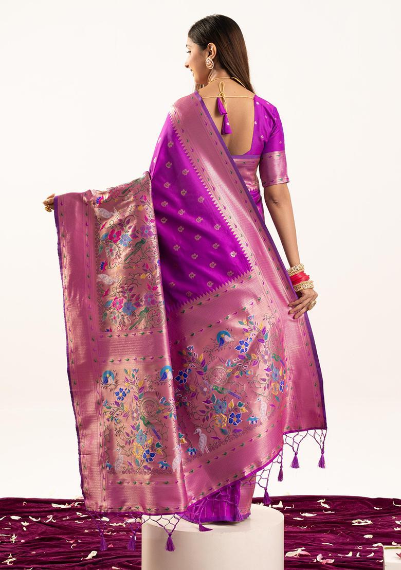 Wine Zari Work Silk Saree Set - Indya