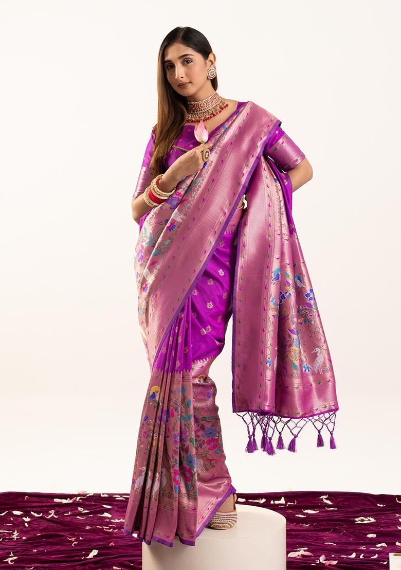Wine Zari Work Silk Saree Set - Indya