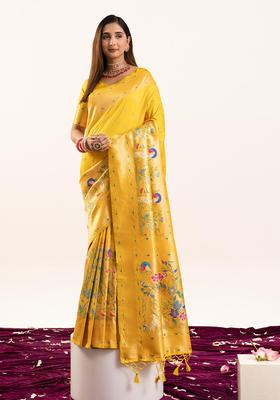 Yellow Zari Work Silk Saree Set