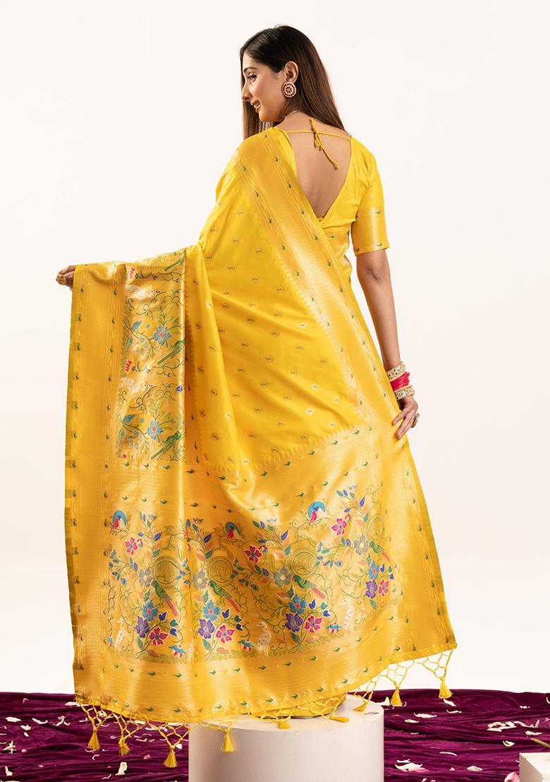Yellow Zari Work Silk Saree Set - Indya