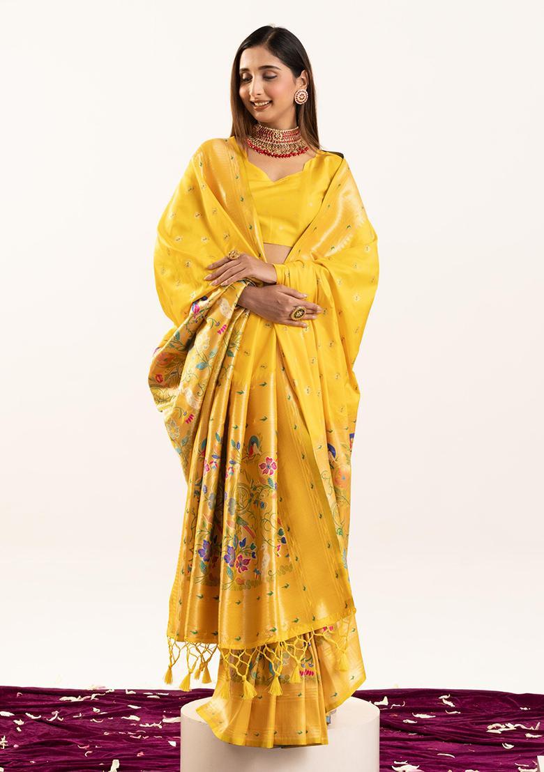 Yellow Zari Work Silk Saree Set - Indya