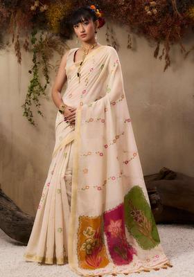 Beige Resham Woven Cotton Saree Set