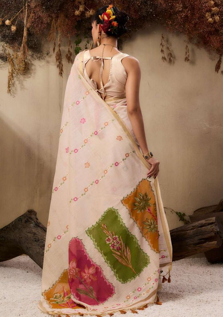 Beige Resham Woven Cotton Saree Set - Indya