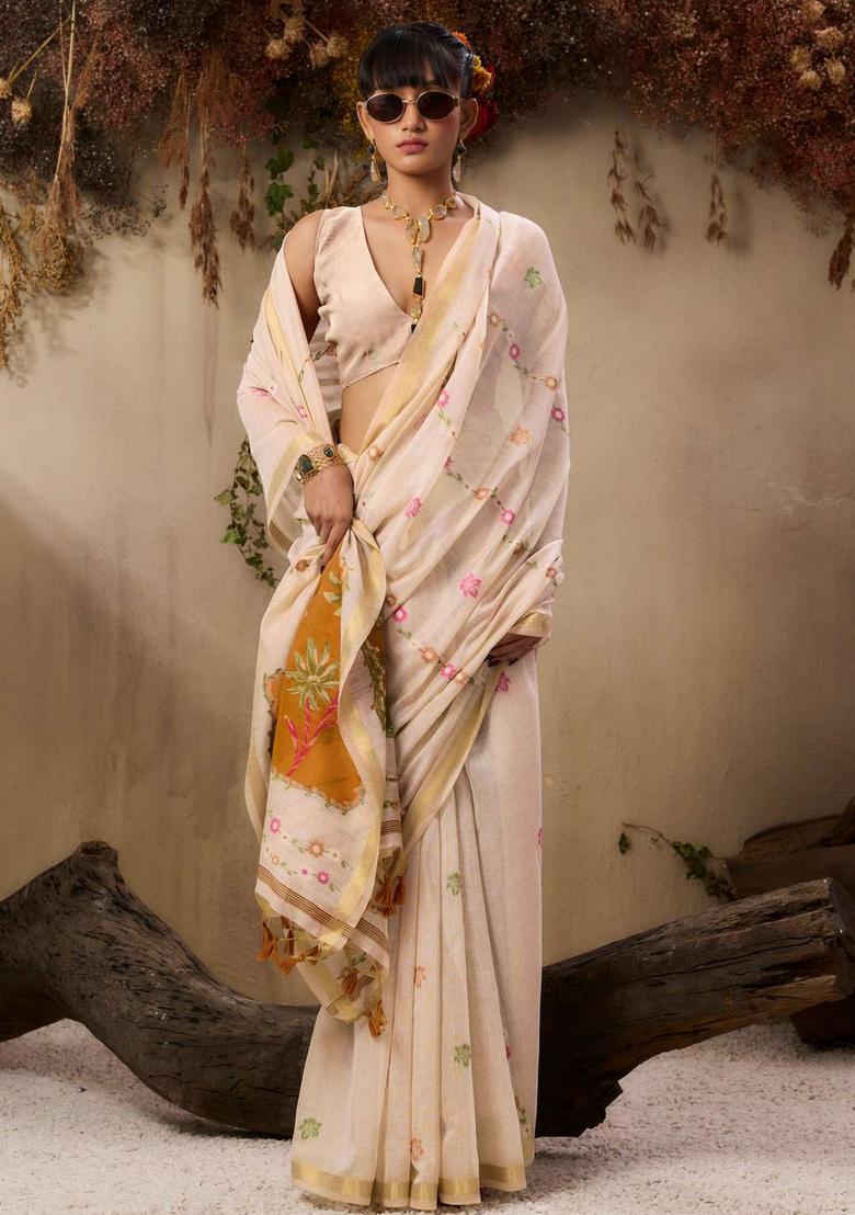 Beige Resham Woven Cotton Saree Set - Indya