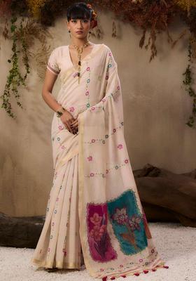 Beige Resham Woven Cotton Saree Set