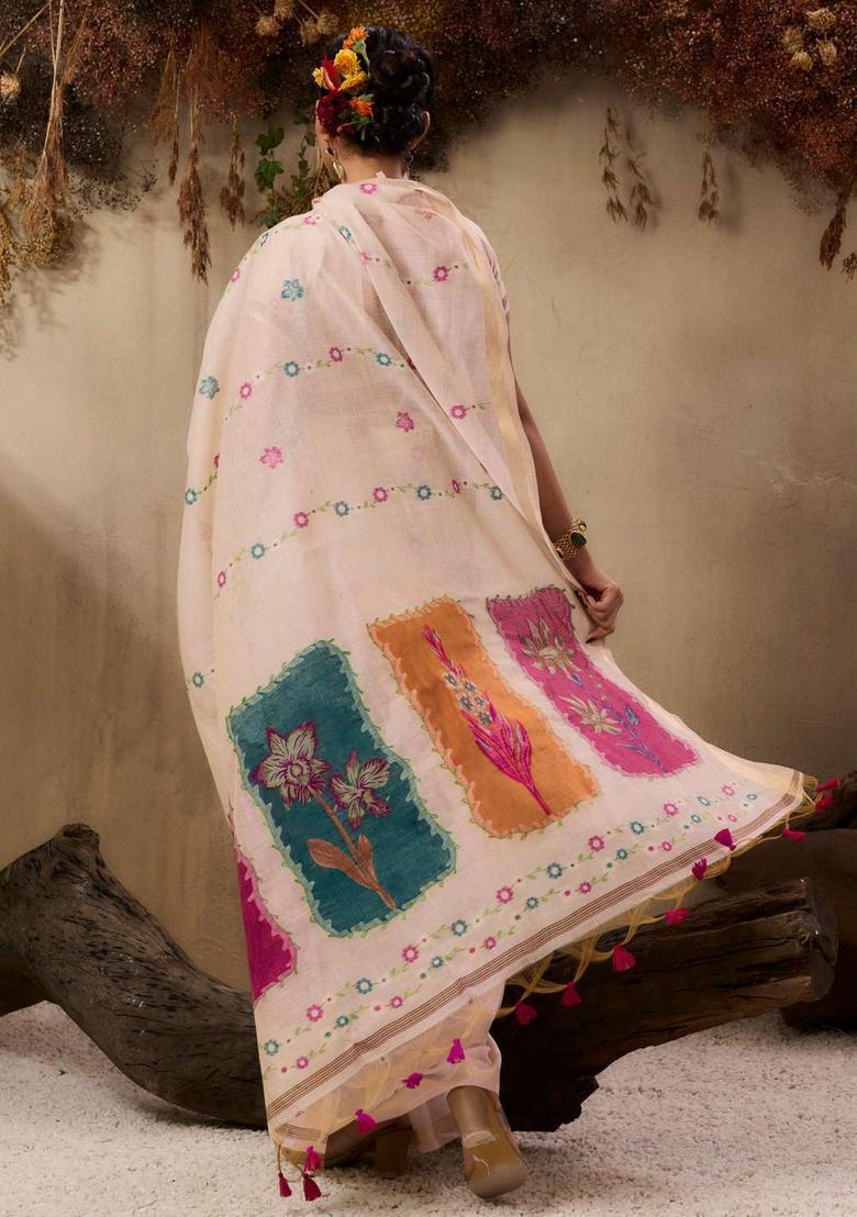 Beige Resham Woven Cotton Saree Set - Indya