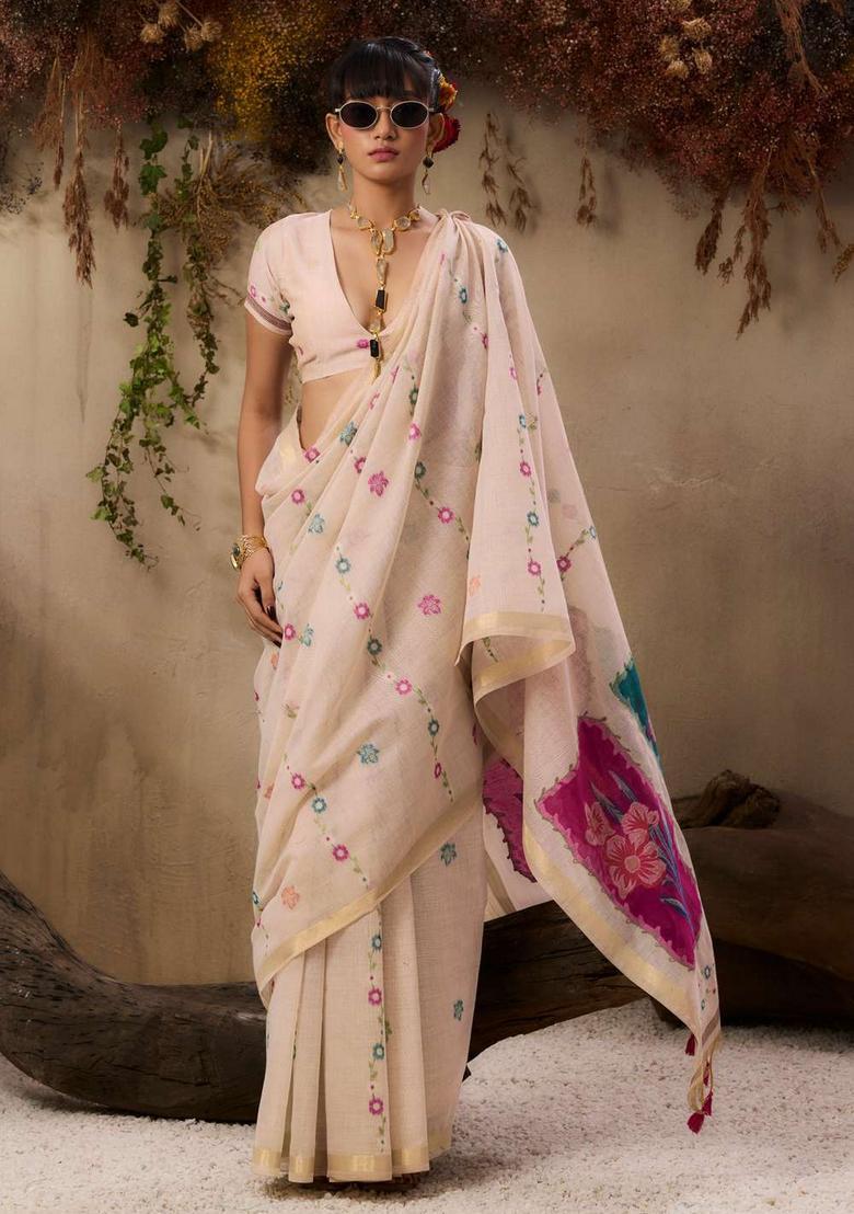 Beige Resham Woven Cotton Saree Set - Indya