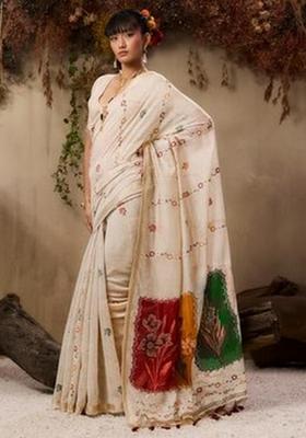 Beige Resham Woven Cotton Saree Set