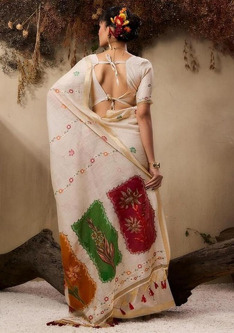 Beige Resham Woven Cotton Saree Set - Indya