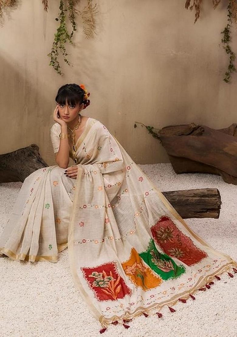 Beige Resham Woven Cotton Saree Set - Indya